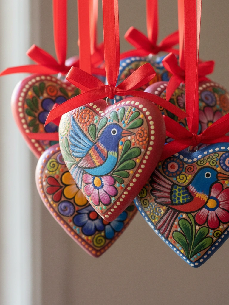 7. Hand Painted Clay Heart Ornaments