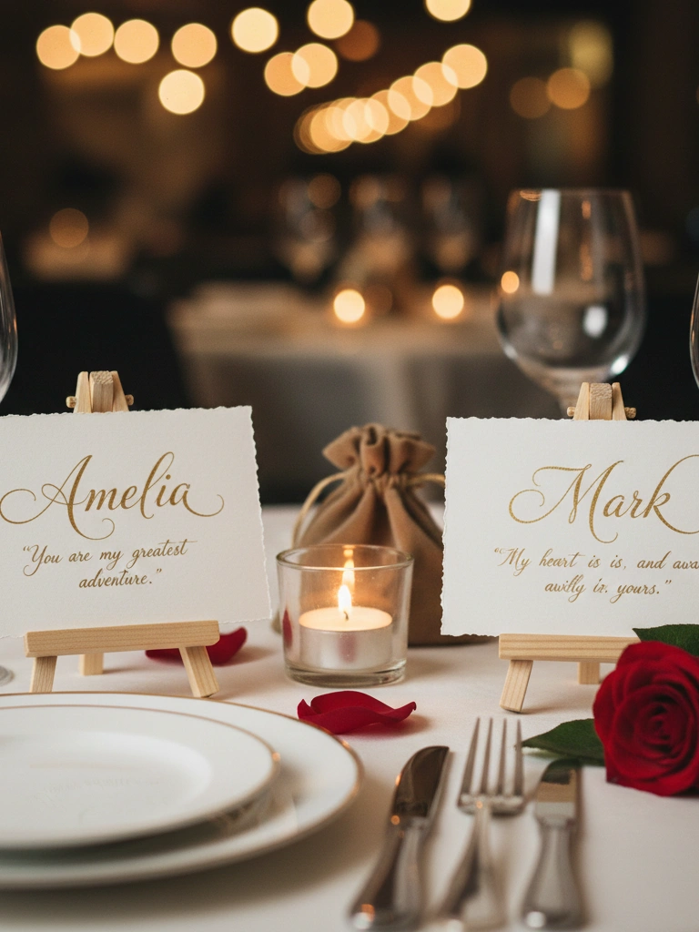35 Valentine's Day Restaurant Decor Ideas for Romantic & Perfect Dinner Setting 7 7. Personalized Place Cards with Romantic Quotes