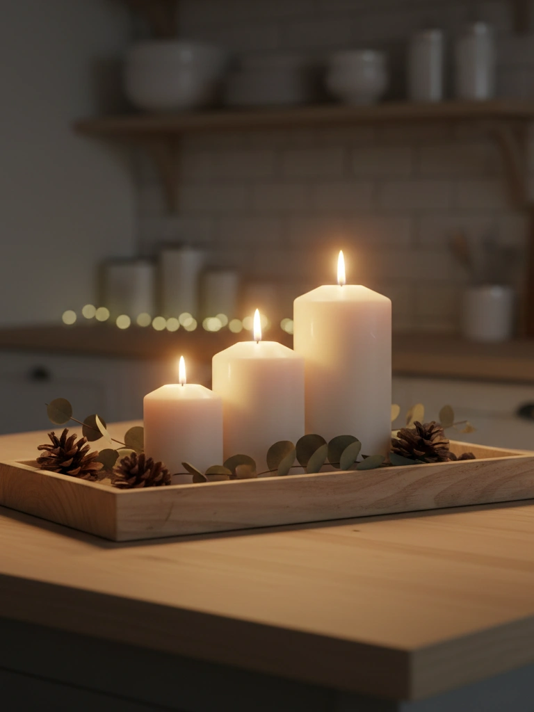 7. Pillar Candles Grouped on a Wooden Tray