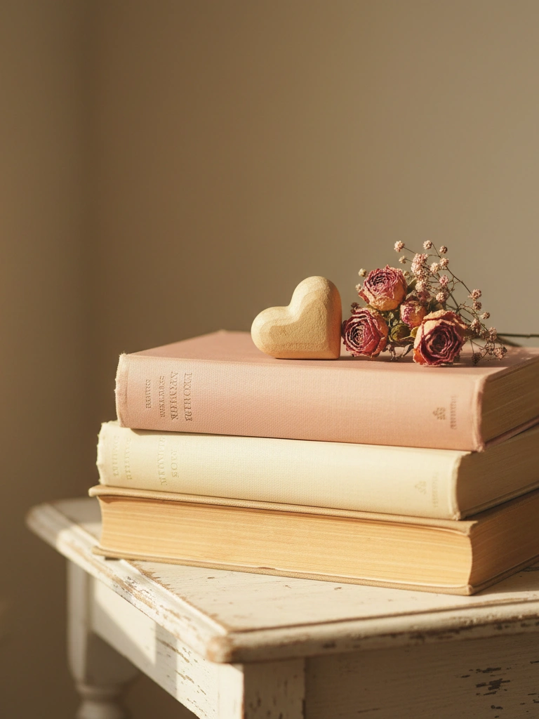 7. Stacked Old Books with Heart Toppers