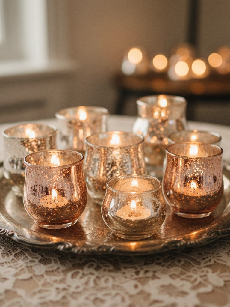 8. Mercury Glass Votives on a Tarnished Silver Tray