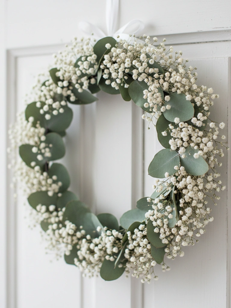 8. Wreaths Made of Dried Babys Breath and Eucalyptus