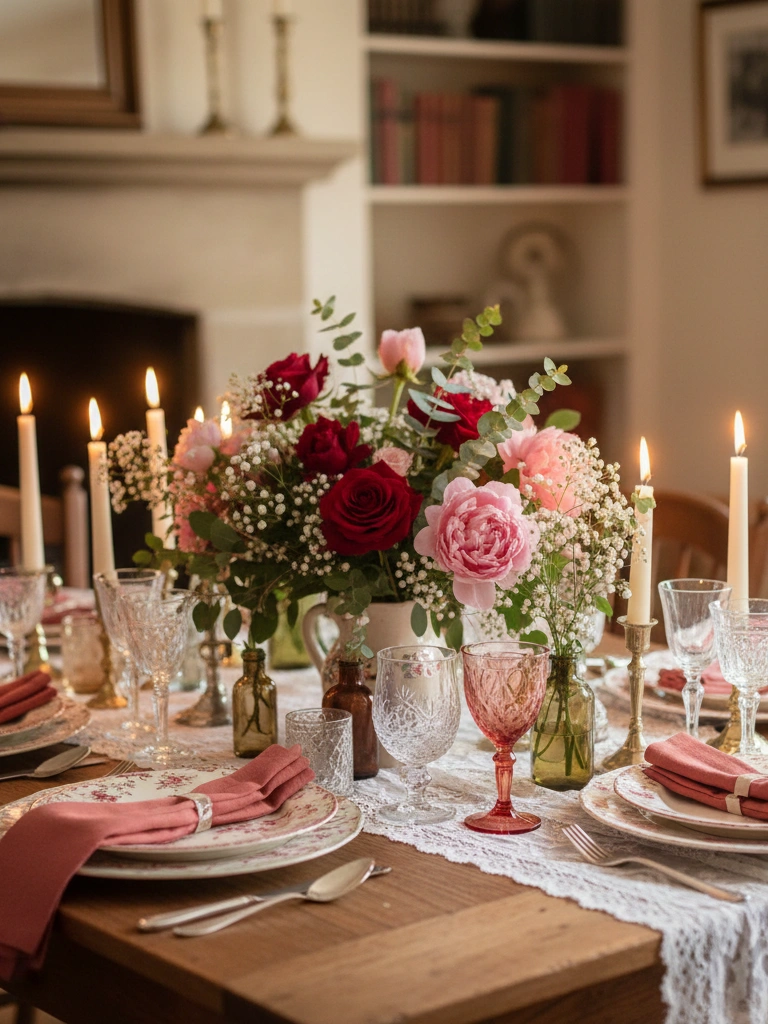 9. Cottagecore Valentines Day Table Decor With Florals and Vintage Touches