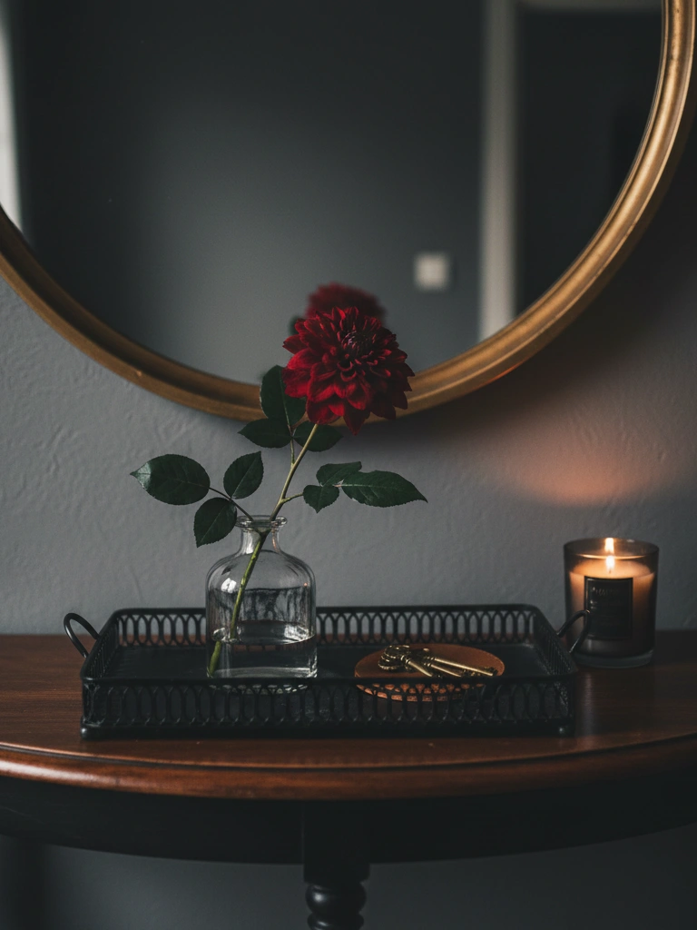 9. Entryway mood moment mirror tray and a single deep floral stem