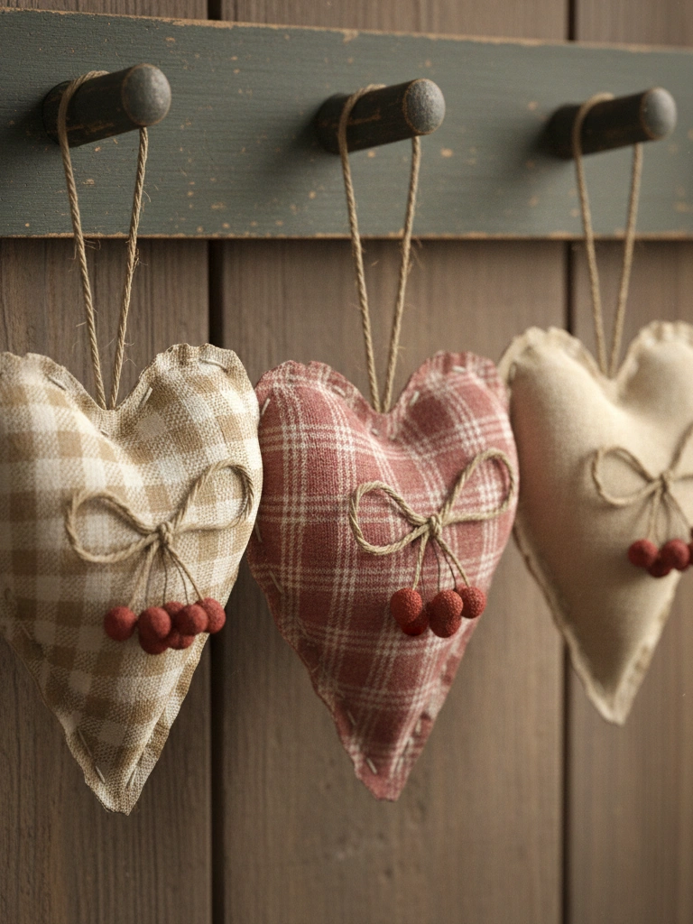 9. Homespun Fabric Heart Ornaments