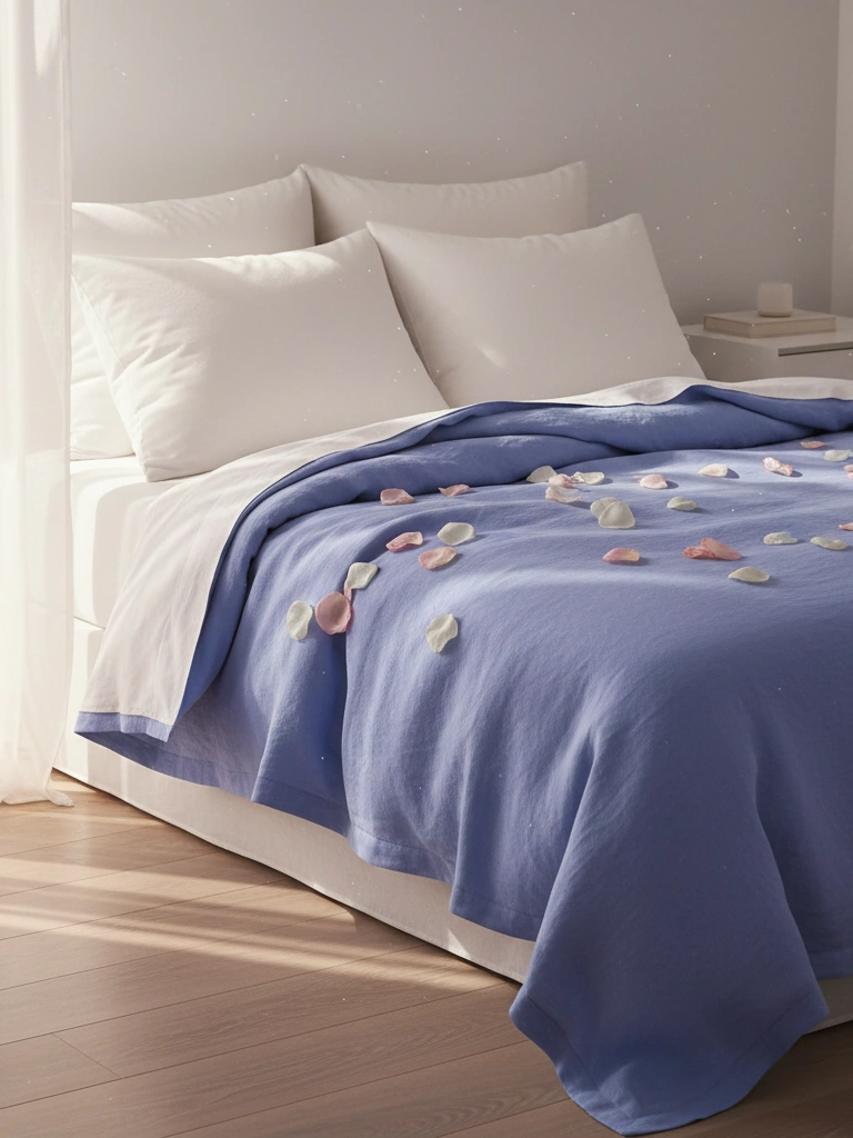 9. Periwinkle Bedding with Rose Petals