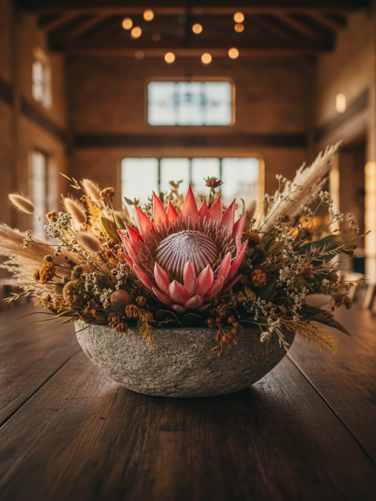 9. Protea Centerpieces for a Wildly Romantic Look