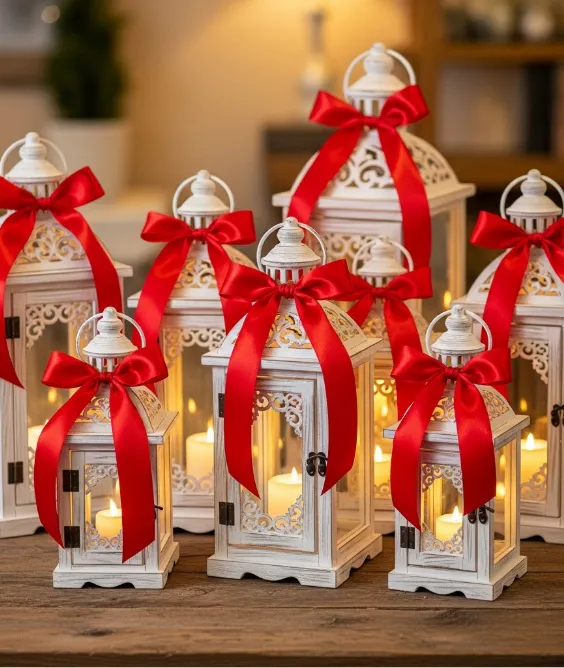 31 Aesthetic Valentine's Day Entryway Decor Ideas for a Romantic Home 16 Distressed White Lanterns with Red Ribbon Accents