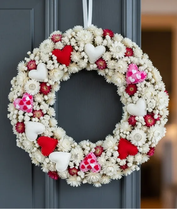 31 Aesthetic Valentine's Day Entryway Decor Ideas for a Romantic Home 7 Monochromatic White on White Heart Wreath