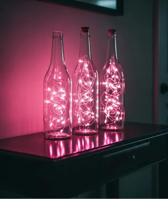 31 Aesthetic Valentine's Day Entryway Decor Ideas for a Romantic Home 20 Repurposed Wine Bottles with Pink Fairy Lights