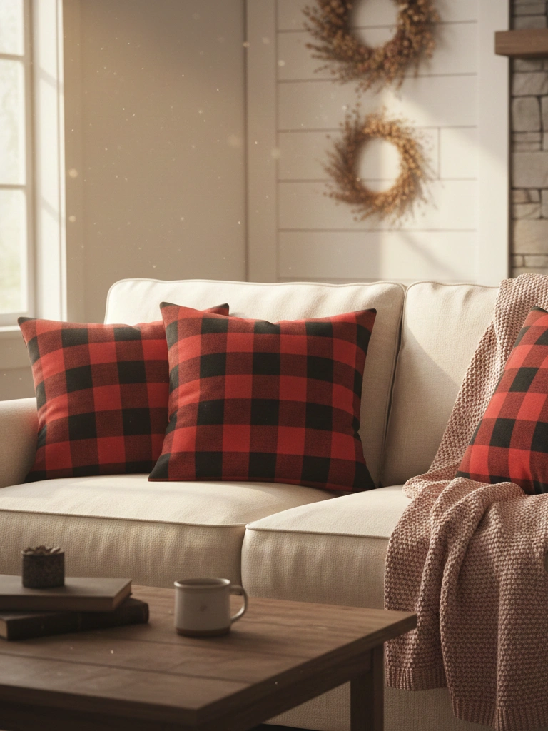 1. Buffalo Plaid Throw Pillows on the Sofa