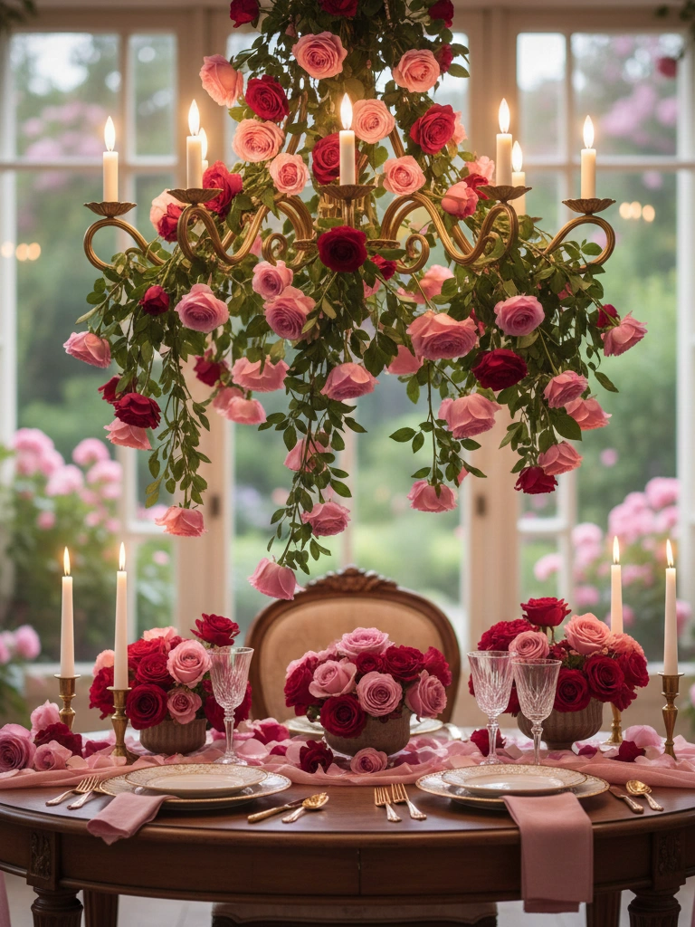 1. Fresh Rose Garland Wrapped Around the Chandelier