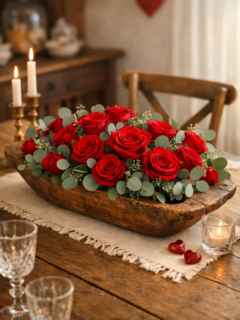 1. Red Roses and Eucalyptus Dough Bowl Arrangement