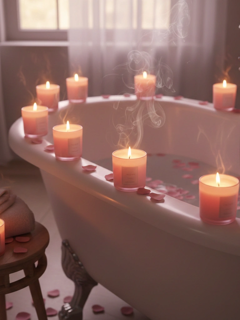 1. Rose Scented Candles Around the Bathtub