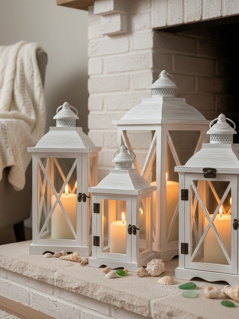 33 Coastal Valentines Day Decor Ideas for a Beachy Celebration 10 10. Coastal Lanterns With Pillar Candles on the Hearth