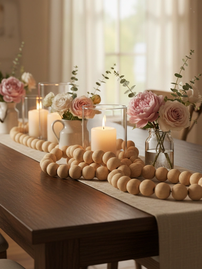19 Stunning Valentines Day Wood Decor Ideas to Try This Year 10 10. Wooden Bead Garland Table Runner Accent