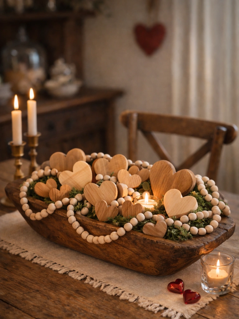 10. Wooden Hearts and Bead Garland Display