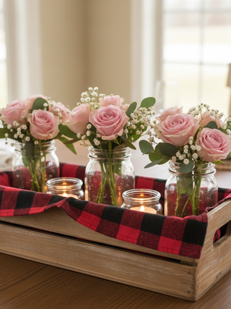 11. Plaid Fabric Lined Wooden Crate Centerpiece