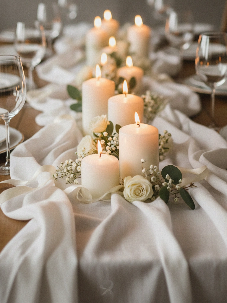 11. White Linen Table Runner With Candles