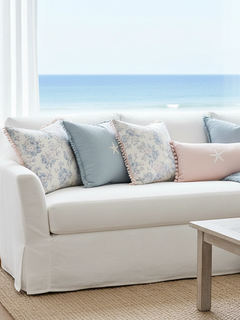 33 Coastal Valentines Day Decor Ideas for a Beachy Celebration 12 12. Blue and Blush Throw Pillows on the Sofa