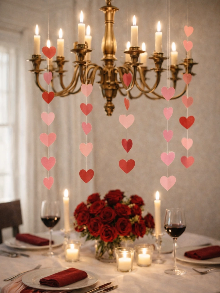 13. Paper Heart Garland Hanging From Chandelier