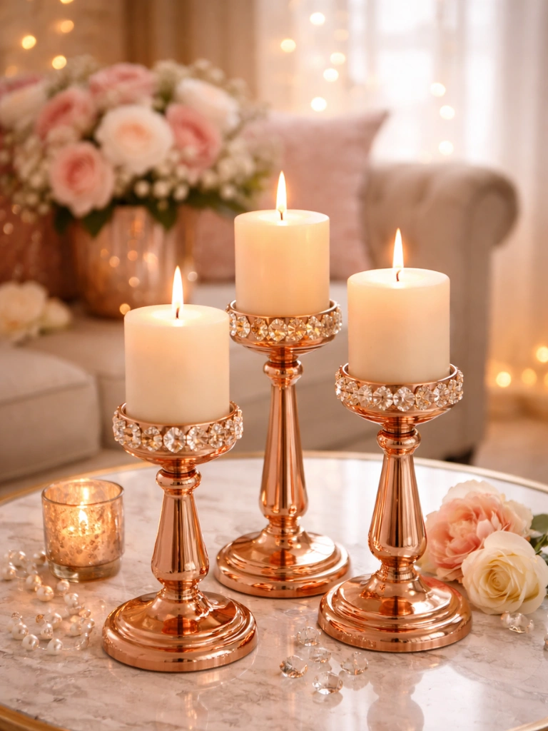 13. Rose Gold Candle Holders With Pillar Candles 1