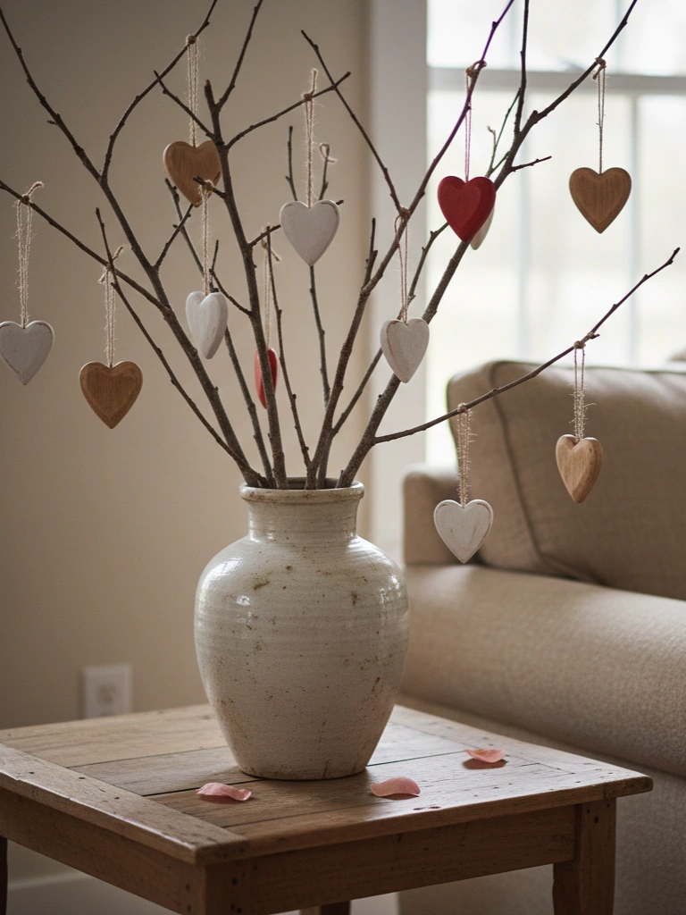 19 Stunning Valentines Day Wood Decor Ideas to Try This Year 13 13. Wooden Heart Tree Branch Display