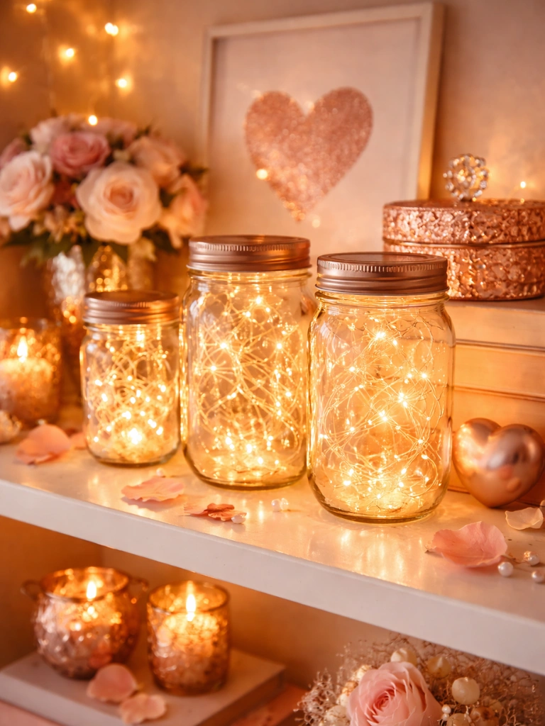 14. Rose Gold Fairy Lights in Glass Jars