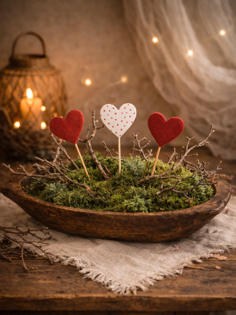 15. Moss Twigs and Heart Picks Woodland Style