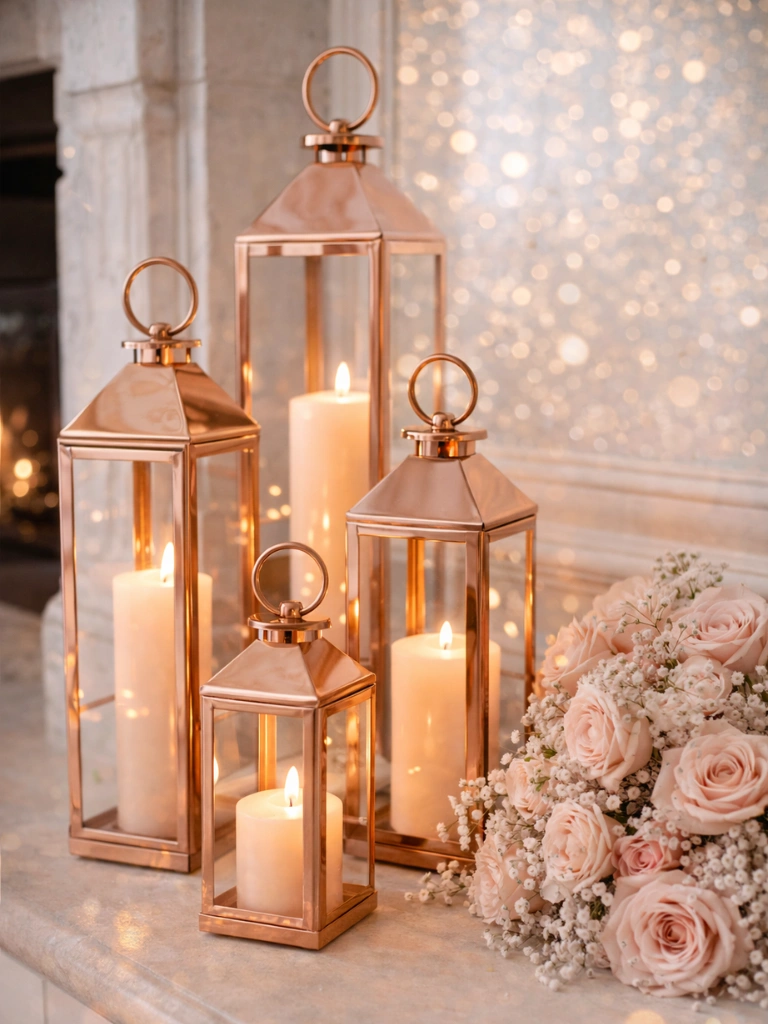 15. Rose Gold Lanterns With Candles Inside