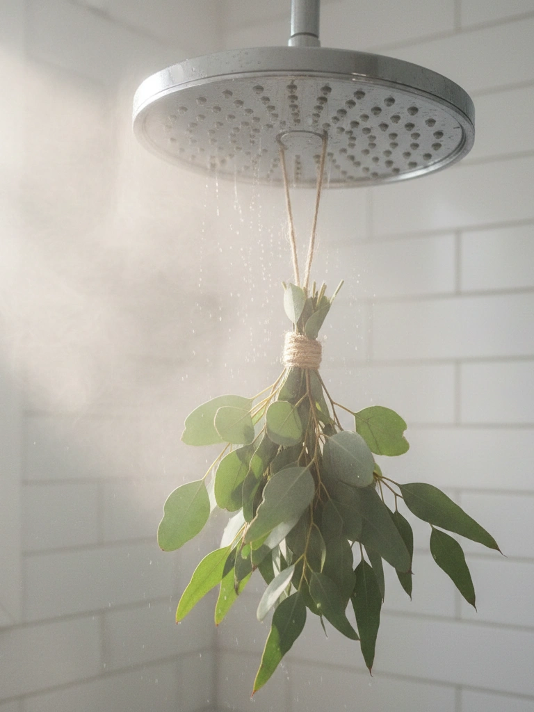 16. Eucalyptus Stems Hanging From Showerhead