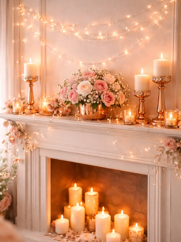 16. Rose Gold String Lights Draped on Mantel