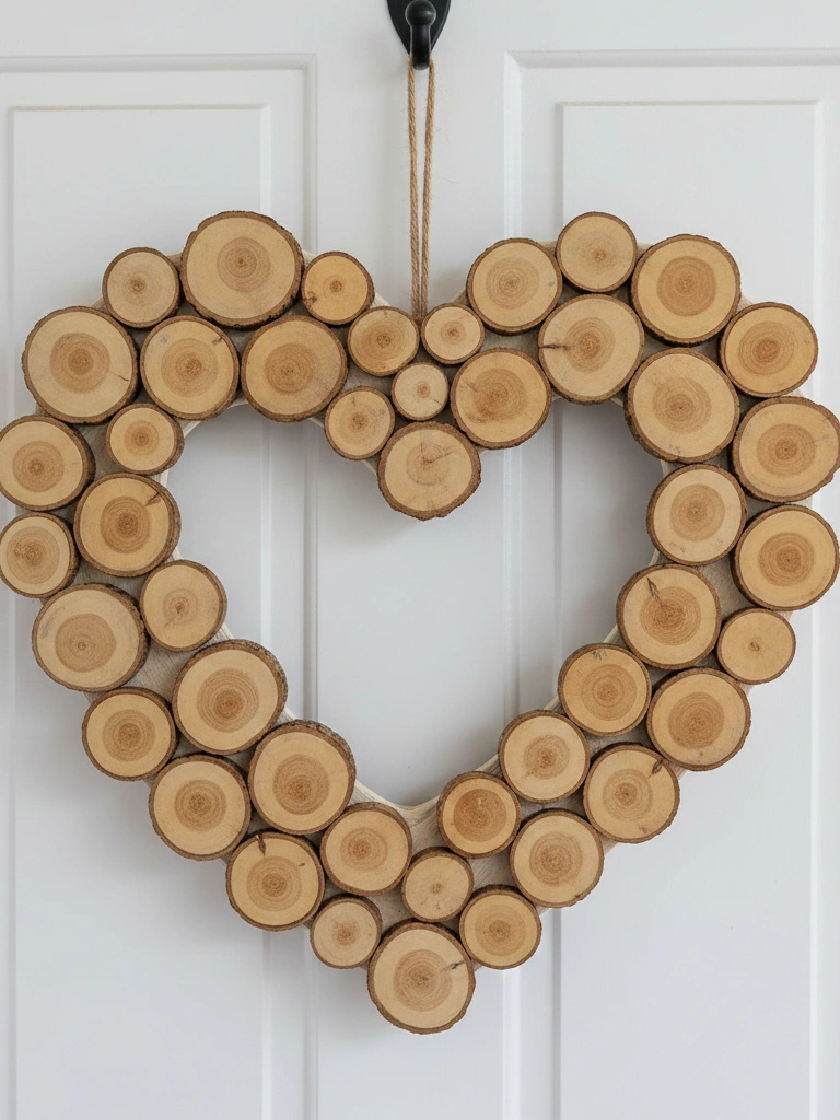 19 Stunning Valentines Day Wood Decor Ideas to Try This Year 16 16. Wood Slice Heart Wreath for Front Door