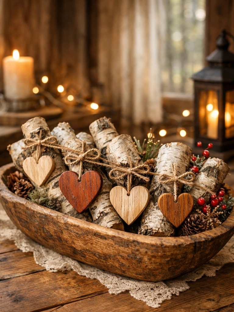 17. Birch Logs With Heart Ornaments