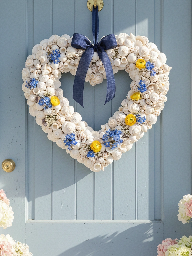 33 Coastal Valentines Day Decor Ideas for a Beachy Celebration 17 17. Seashell Heart Wreath for the Front Door