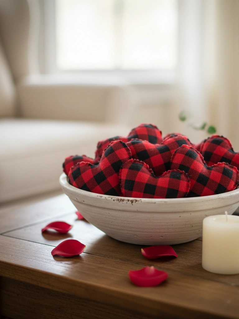 18. Buffalo Check Heart Ornaments in a Bowl