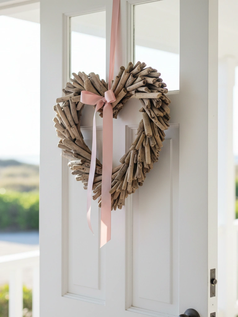 33 Coastal Valentines Day Decor Ideas for a Beachy Celebration 18 18. Driftwood Heart Wreath With Blush Ribbon