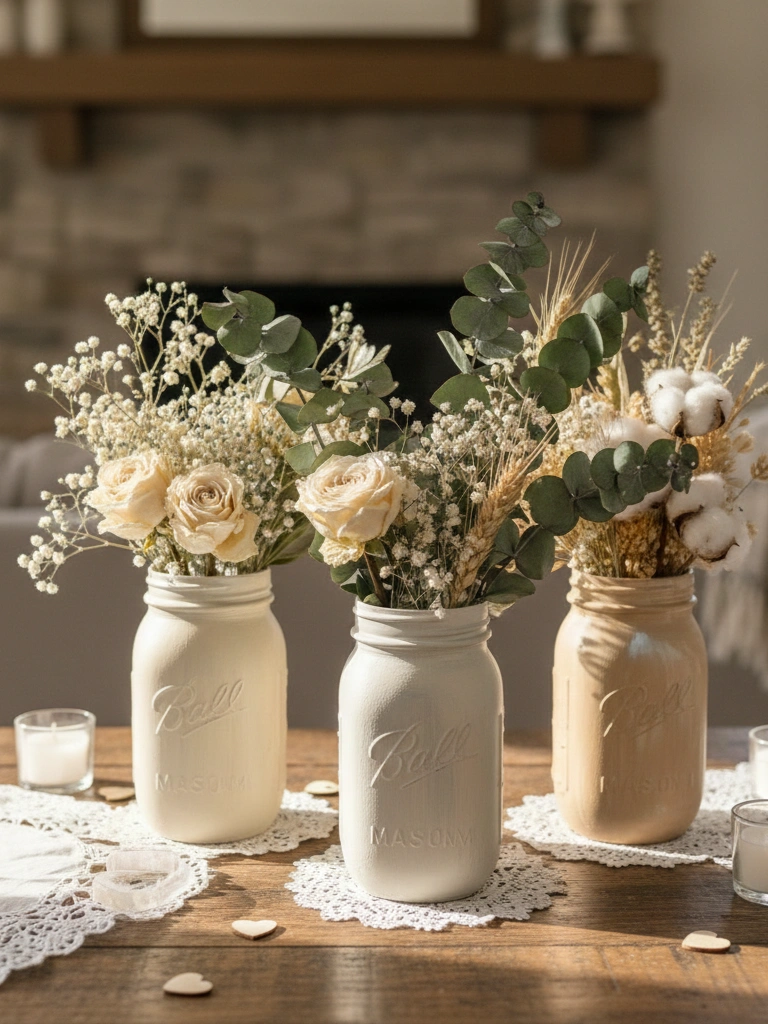 20 Beautiful Neutral Valentines Day Decor DIY Ideas to Craft 18 18. Neutral Painted Mason Jar Vases DIY