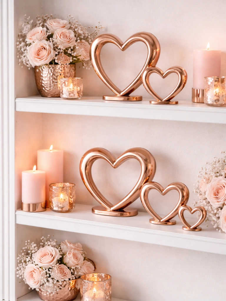 18. Rose Gold Heart Sculptures on Shelves