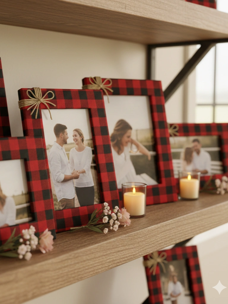 19. Buffalo Plaid Picture Frames on Shelves