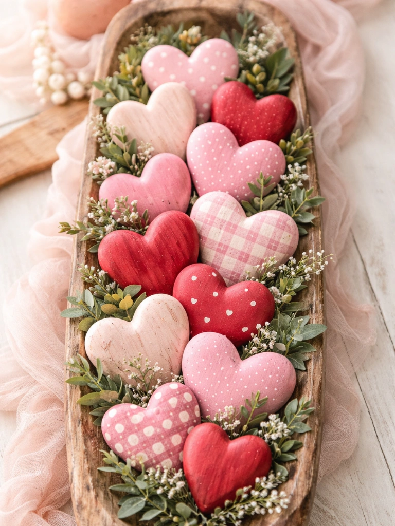 19. Painted Wooden Hearts With Greenery Sprigs