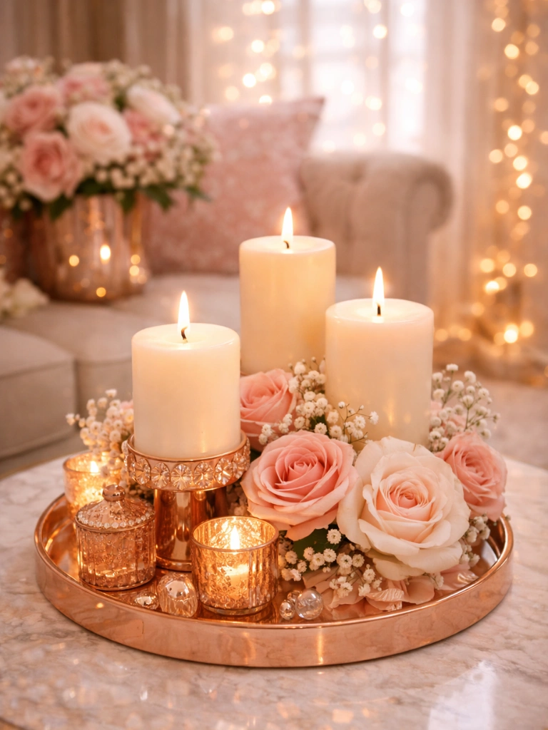 19. Rose Gold Tray Styled With Candles and Florals
