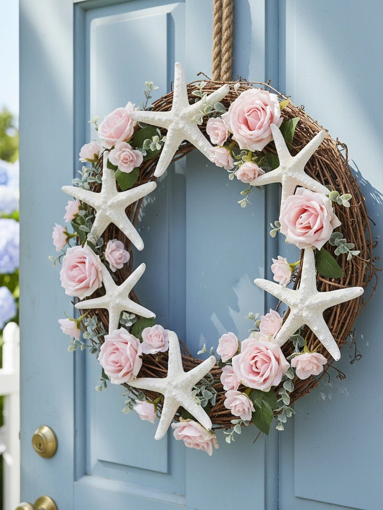 33 Coastal Valentines Day Decor Ideas for a Beachy Celebration 19 19. Starfish and Rose Wreath With Coastal Charm