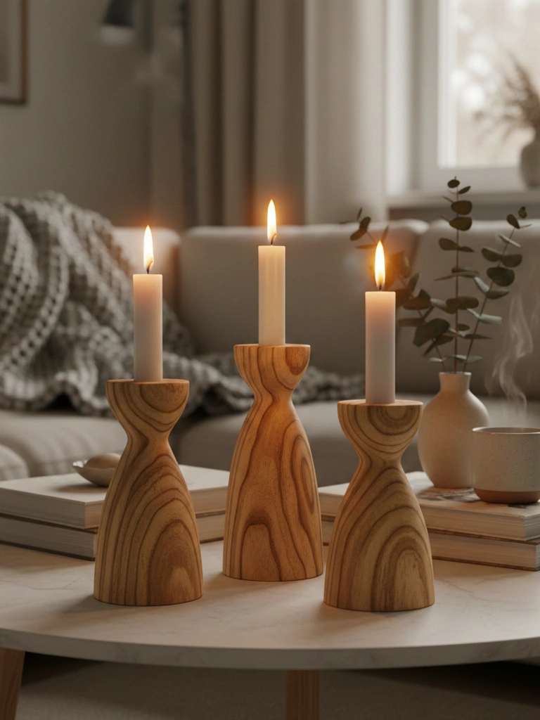 2. Natural Wood Candle Holders Hygge Style