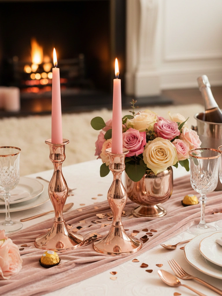 2. Rose Gold Candlesticks With Pink Taper Candles