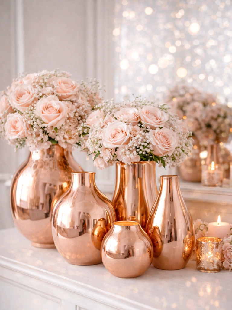 21. Rose Gold Vases Collection Grouped Together