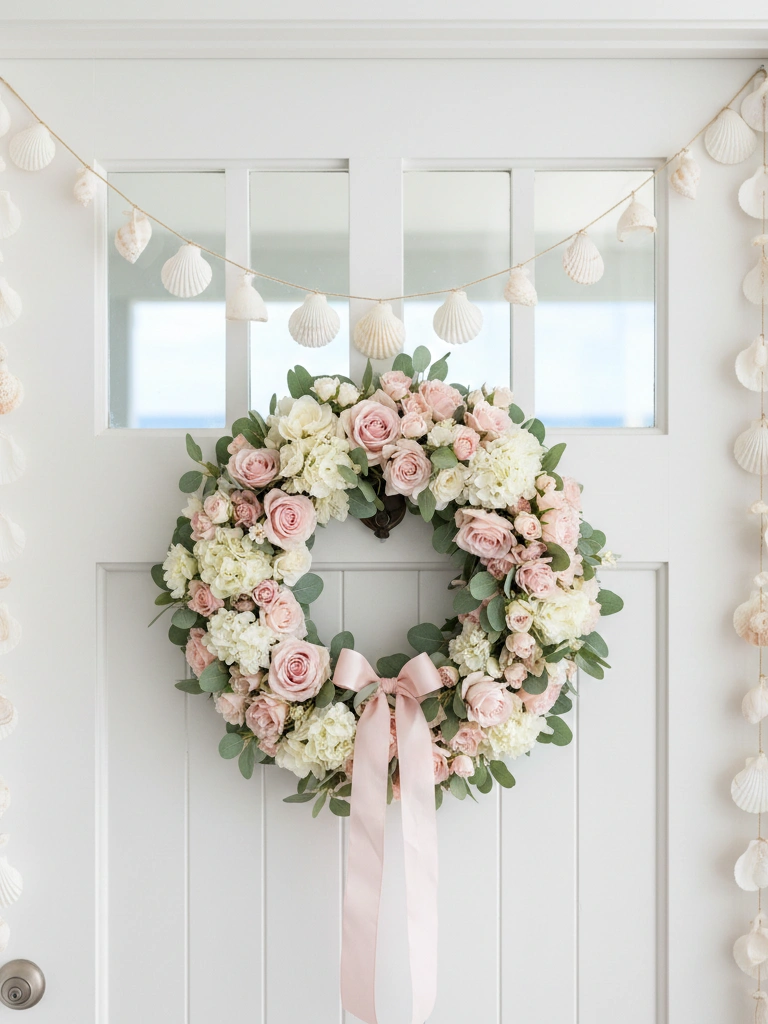 33 Coastal Valentines Day Decor Ideas for a Beachy Celebration 21 21. White Shell Garland Around the Doorframe