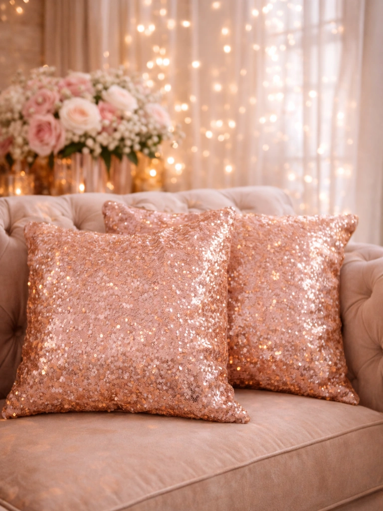 22. Rose Gold Sequin Throw Pillows on Sofa