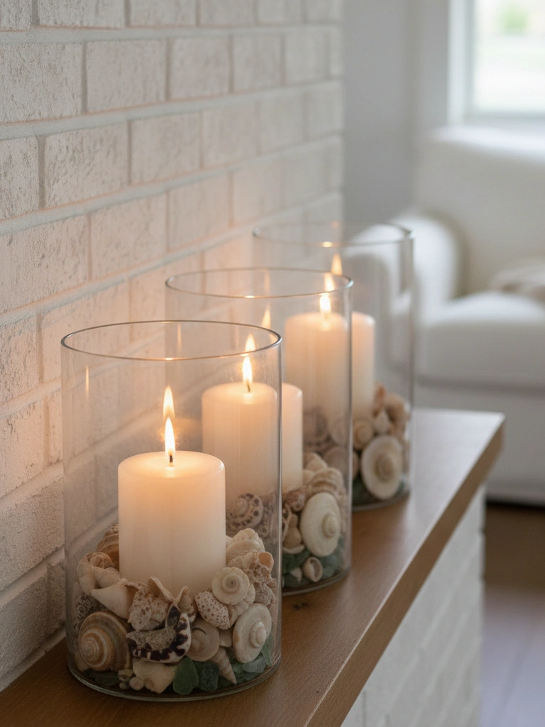 33 Coastal Valentines Day Decor Ideas for a Beachy Celebration 22 22. White Pillar Candles in Hurricane Glass With Shells