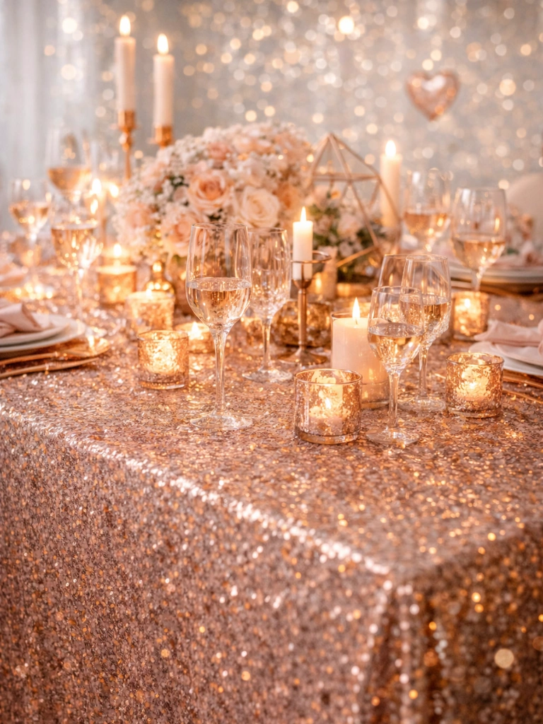 24. Rose Gold Sequin Tablecloth for Dinner